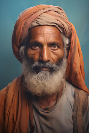 Portrait of an old Indian man with a white beard and turban.の素材