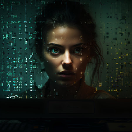 Portrait of young woman with computer monitor and binary code on backgroundの素材