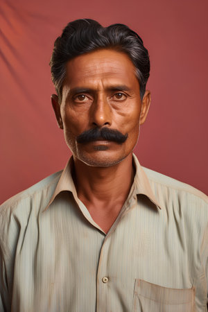 Portrait of an Indian man with a mustache on a red backgroundの素材