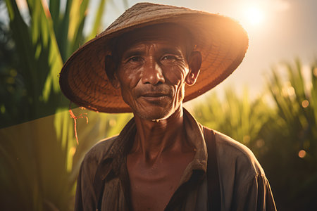 Old farmer with hat in the rice field at sunset, Thailand.の素材