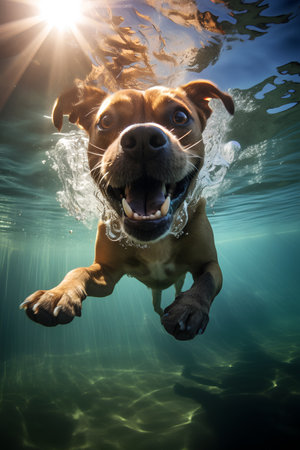 Dog swimming underwater and looking at the camera with a big smile.の素材
