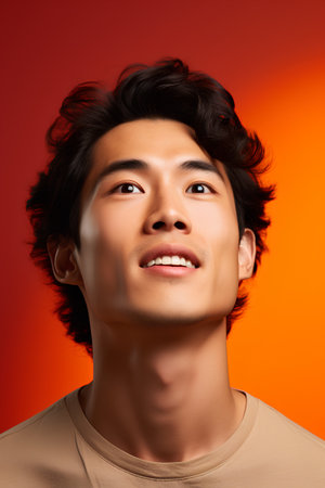 Portrait of a handsome young asian man on orange background.の素材