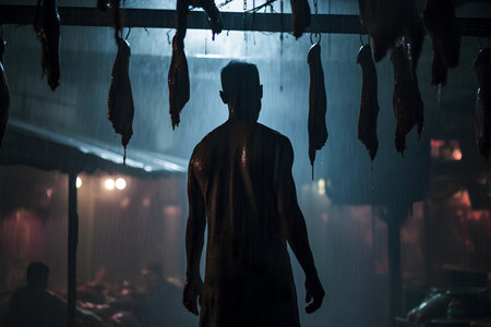 Silhouette of a man in a dark room with a hanging fish.の素材