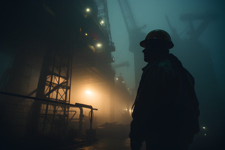 Silhouette of a construction worker in a helmet and a work jacket standing in the middle of an industrial area.の素材