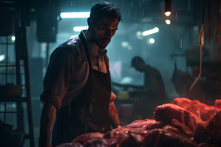 Handsome man in a red shirt is cutting meat in a butcher shop.の素材