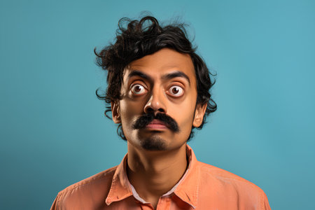 Portrait of young indian man with shocked facial expression on blue backgroundの素材