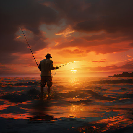 Fisherman in the sea at sunset. 3D render.の素材