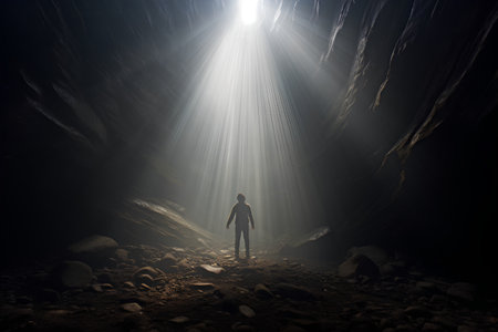 Man standing in a dark cave with light rays coming from the endの素材