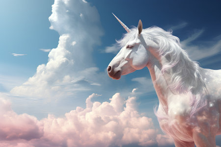 Unicorn in the sky with clouds. 3d illustration.の素材