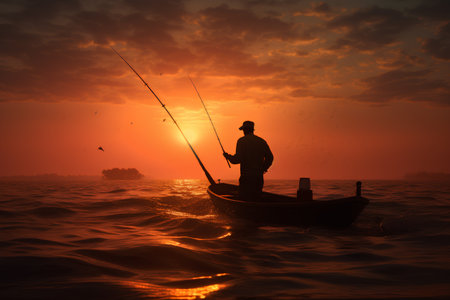 Fisherman fishing in the sea at sunset. 3d renderの素材