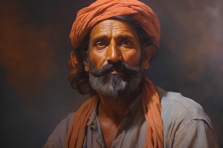 Portrait of an old bearded Indian man with orange turban.の素材