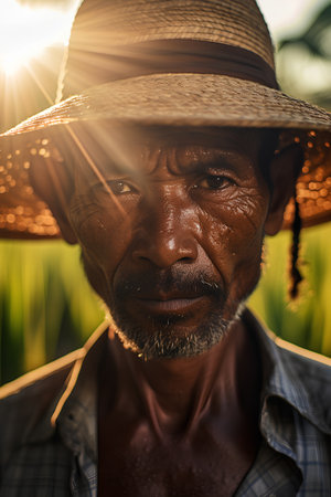 Portrait of a farmer wearing a hat in the rice field.の素材
