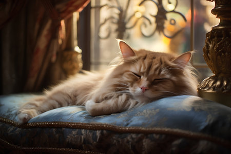 Beautiful long-haired ginger cat sleeps on a blue pillow.の素材