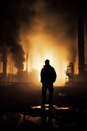 Silhouette of a worker standing in front of a burning factoryの素材