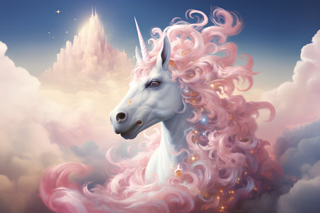Unicorn with pink mane in the sky. Fantasy illustrationの素材