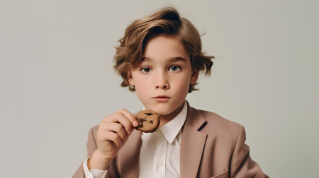 Cute little boy with chocolate chip cookie. Studio shot over grey background.の素材