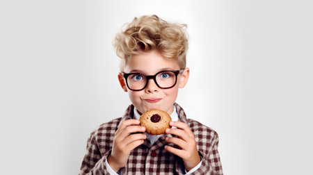 Portrait of a cute little boy in eyeglasses eating chocolate donut.の素材