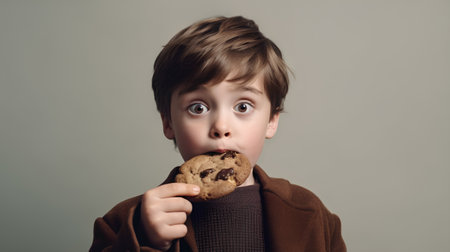 Cute little boy eating chocolate chip cookies, studio shot over grey backgroundの素材