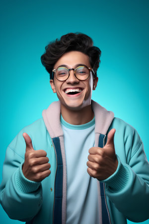 happy indian teenage boy in eyeglasses showing thumbs up over blue backgroundの素材