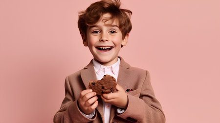 Portrait of a cute little boy in a suit holding a cookie in his handsの素材