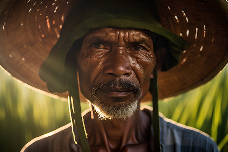 Portrait of an old farmer with a straw hat. Close-up.の素材