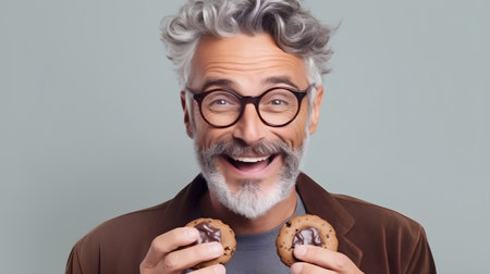 Portrait of a senior man holding chocolate chip cookies on grey backgroundの素材