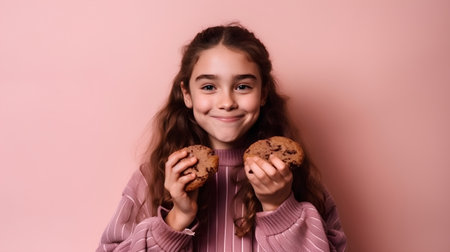Portrait of a cute little girl with chocolate chip cookies on pink backgroundの素材
