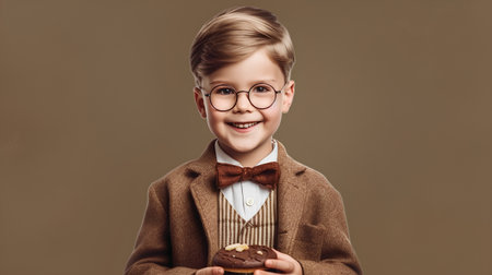 Cute little boy in eyeglasses holding cupcake. Studio shot.の素材