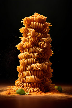 Fusilli pasta with basil and spices on a black background.の素材