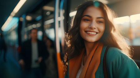Portrait of a beautiful young woman with long brown hair smiling and looking at the camera in the subway.の素材