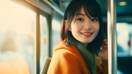 Portrait of a beautiful young asian woman smiling and looking through the window of a train.の素材