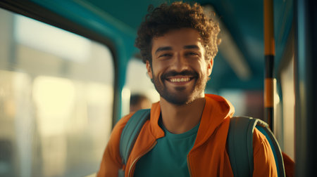 Portrait of handsome young man with curly hair smiling and looking at camera while standing in trainの素材