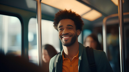 Young african american man with curly hair is riding a bus and smiling.の素材
