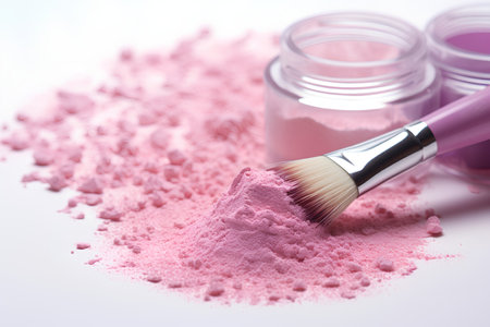 Makeup brush and pink powder on a white background, close upの素材