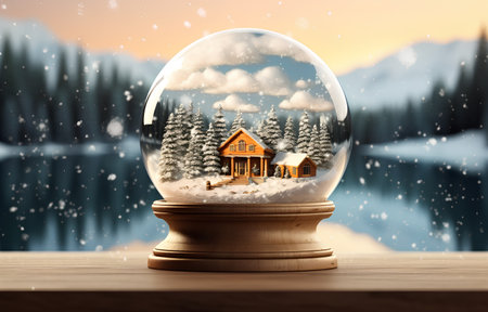 Snow globe with wooden house in snowy forest. Christmas and New Year conceptの素材