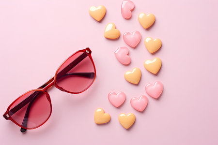 Red sunglasses and hearts on pink background. Flat lay, top viewの素材