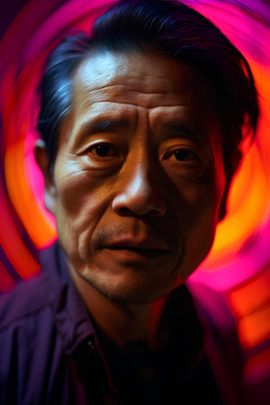 Portrait of a happy Asian man smiling at the camera in neon lightの素材