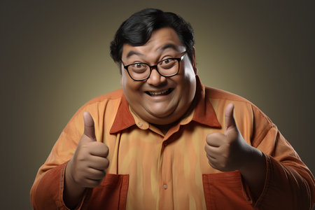 Asian man in orange shirt and glasses show thumbs up on dark backgroundの素材
