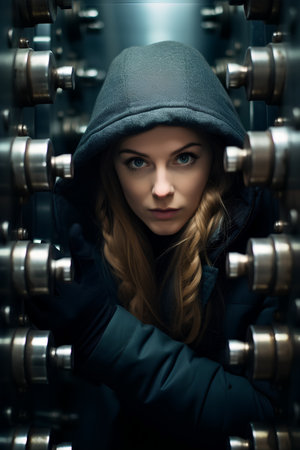 Portrait of a beautiful young woman in a black coat and cap.の素材