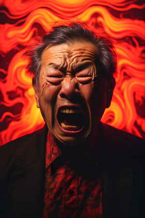 Portrait of an angry old man screaming in front of a red background.の素材