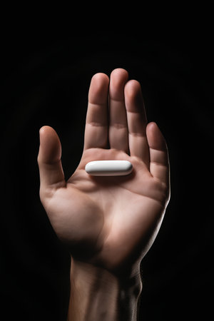 Man hand holding a white pill on a dark background. Focus on the pillの素材