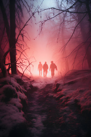 Group of hikers walking in the winter forest. Hiking concept.の素材