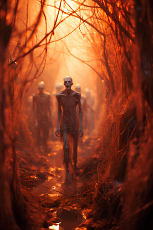 Creepy zombie in the forest. Horror Halloween concept. Selective focusの素材