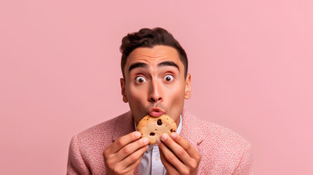 Portrait of surprised young man holding tasty cookie and looking at camera isolated on pink backgroundの素材