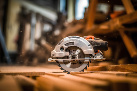 Circular saw blade cutting wood with sparks flying out of it.の素材