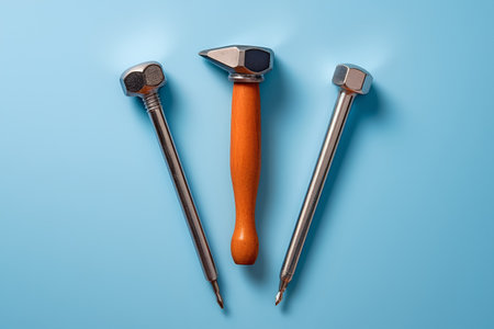 Hammer and screwdriver on blue background. Top view, flat layの素材
