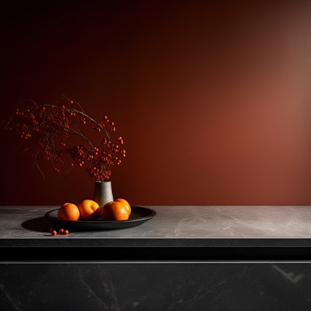 Orange fruits in ceramic vase on black marble countertop. 3d renderの素材