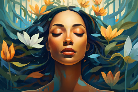 Beautiful woman with closed eyes in the jungle. Vector illustration.の素材