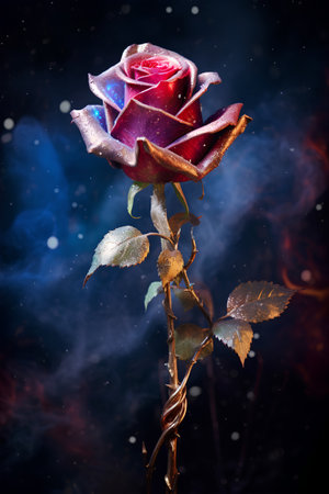 Beautiful red rose on a dark background with smoke and stars.の素材
