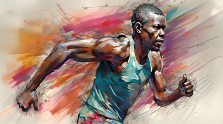 Digital painting of a man running in front of colorful watercolor backgroundの素材